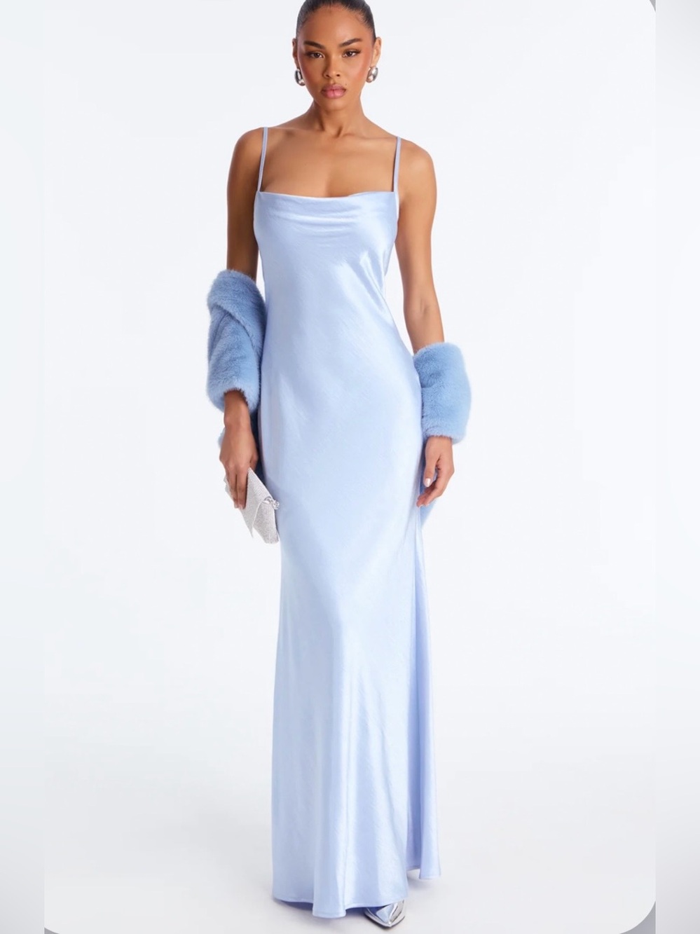 Maxi Satin Gown with Faux Fur Shawl - Light Blue